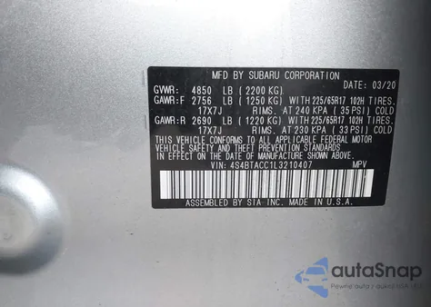 2020 Subaru Outback Premium из США, поврежденный, VIN 4S4BTACC1L3210407